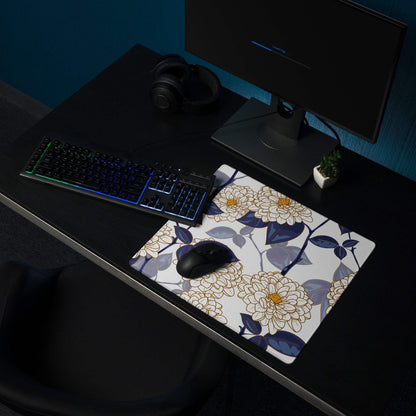 Elegant floral large gaming mouse pad with cream chrysanthemums, navy leaves, gold outlines