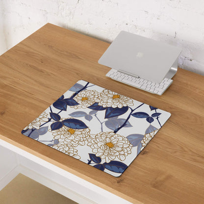 Elegant floral gaming mouse pad with cream chrysanthemums, navy leaves, gold outlines