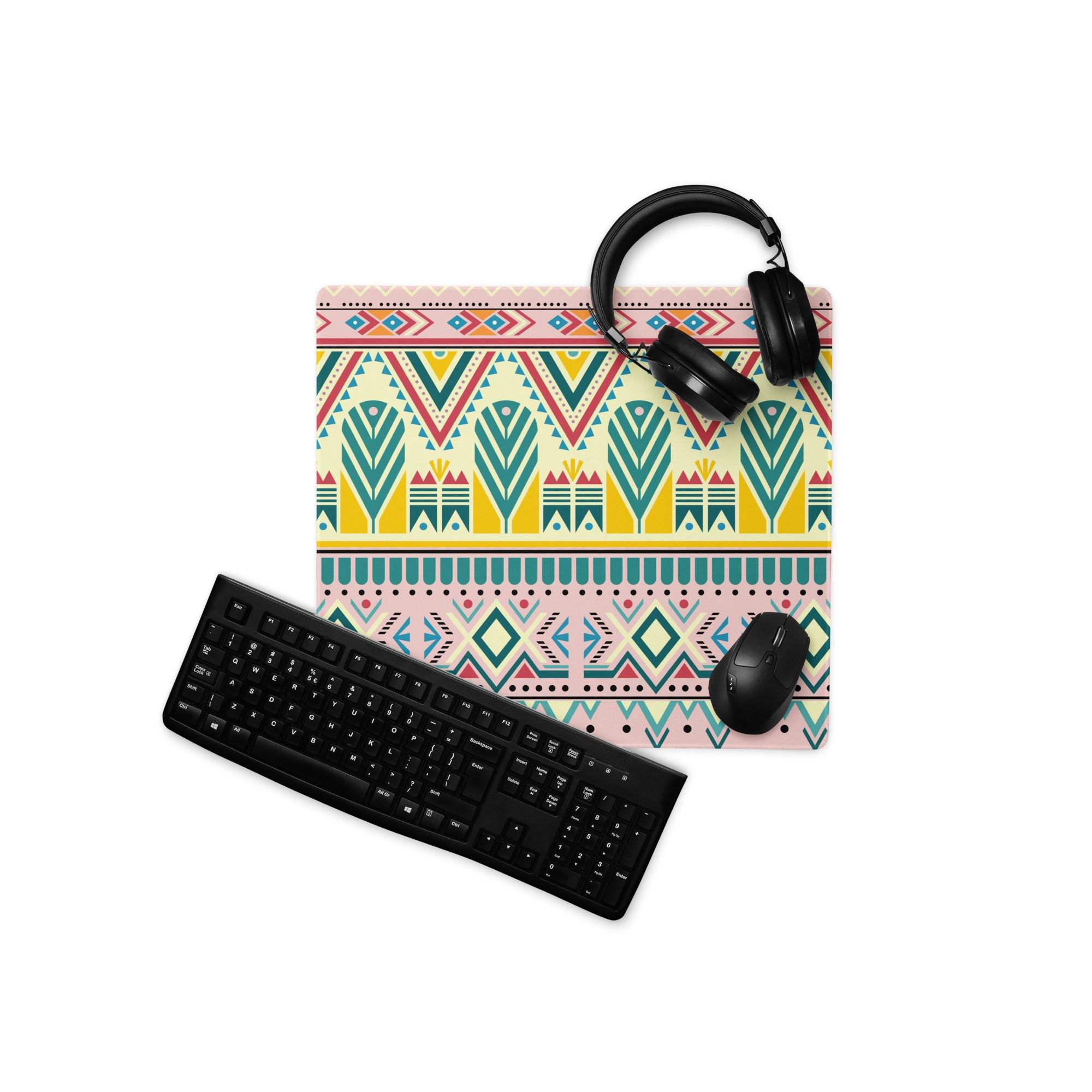 Bohemian tribal gaming mouse pad with vibrant teal geometric pattern