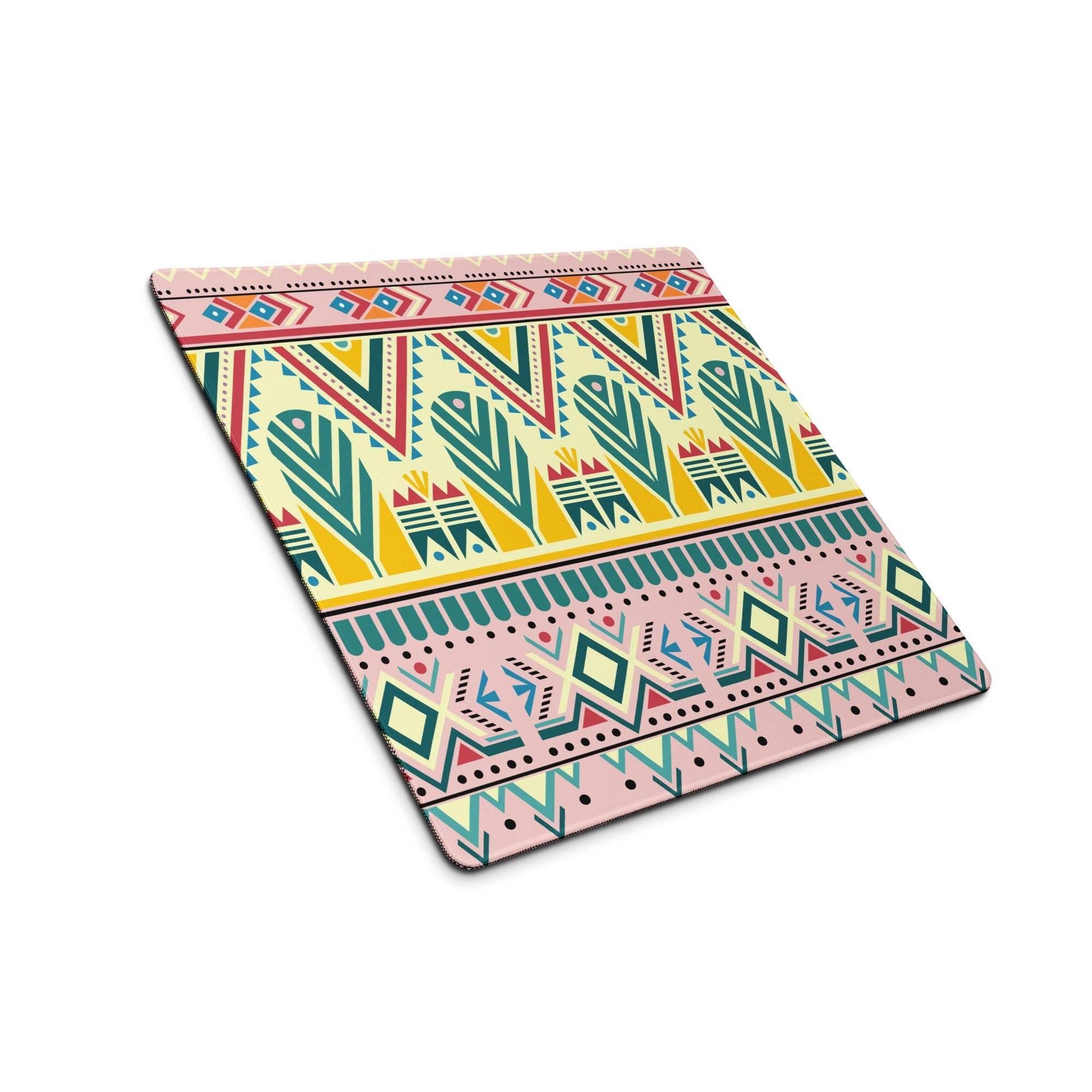 Bohemian tribal gaming mouse pad with vibrant pink teal yellow red pattern