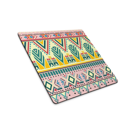 Bohemian tribal gaming mouse pad with vibrant pink teal yellow red pattern