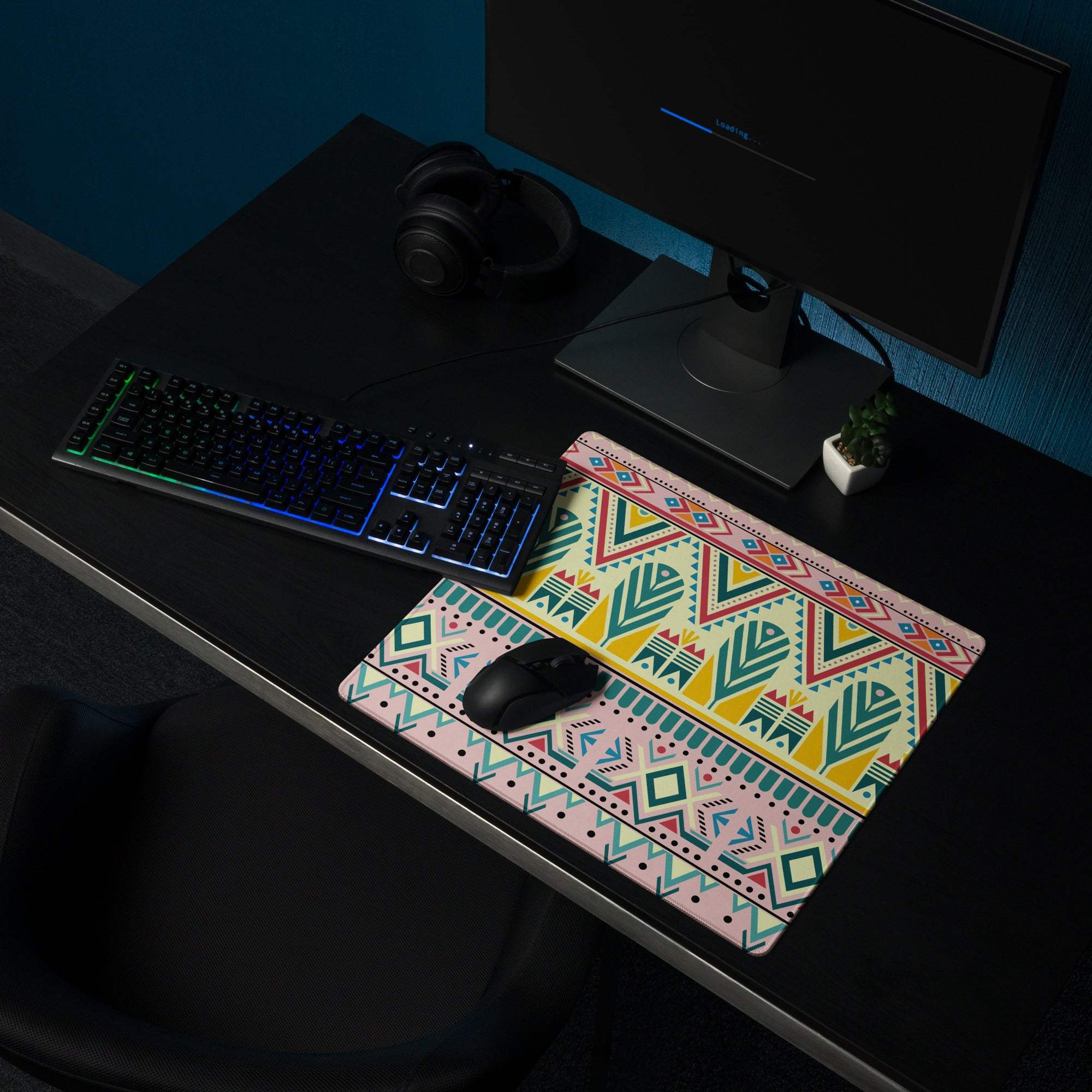 Bohemian tribal gaming mouse pad with vibrant multicolor geometric pattern
