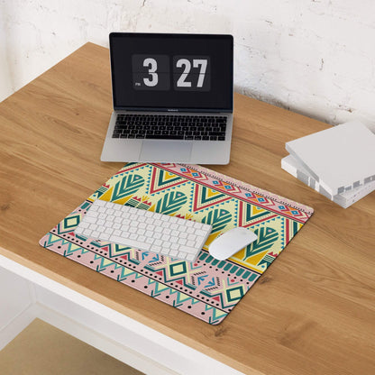 Bohemian tribal gaming mouse pad with vibrant pink, yellow, teal, red pattern