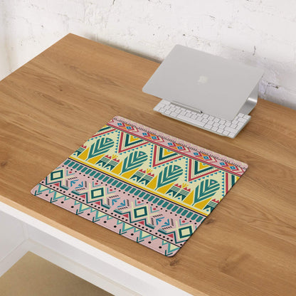 Bohemian tribal gaming mouse pad with vibrant yellow teal pink red pattern
