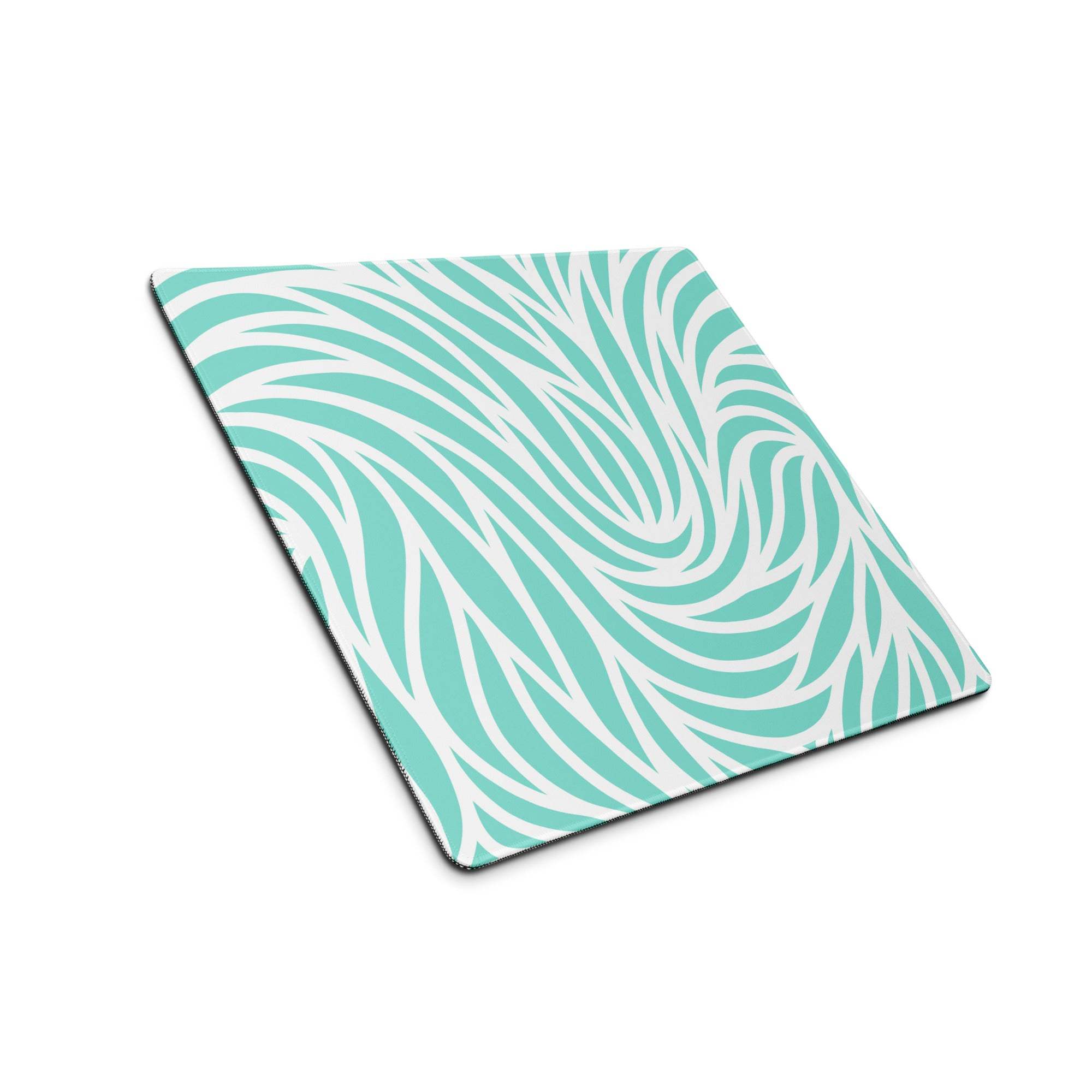 Large vibrant turquoise wave gaming mouse pad with mint green leaf pattern