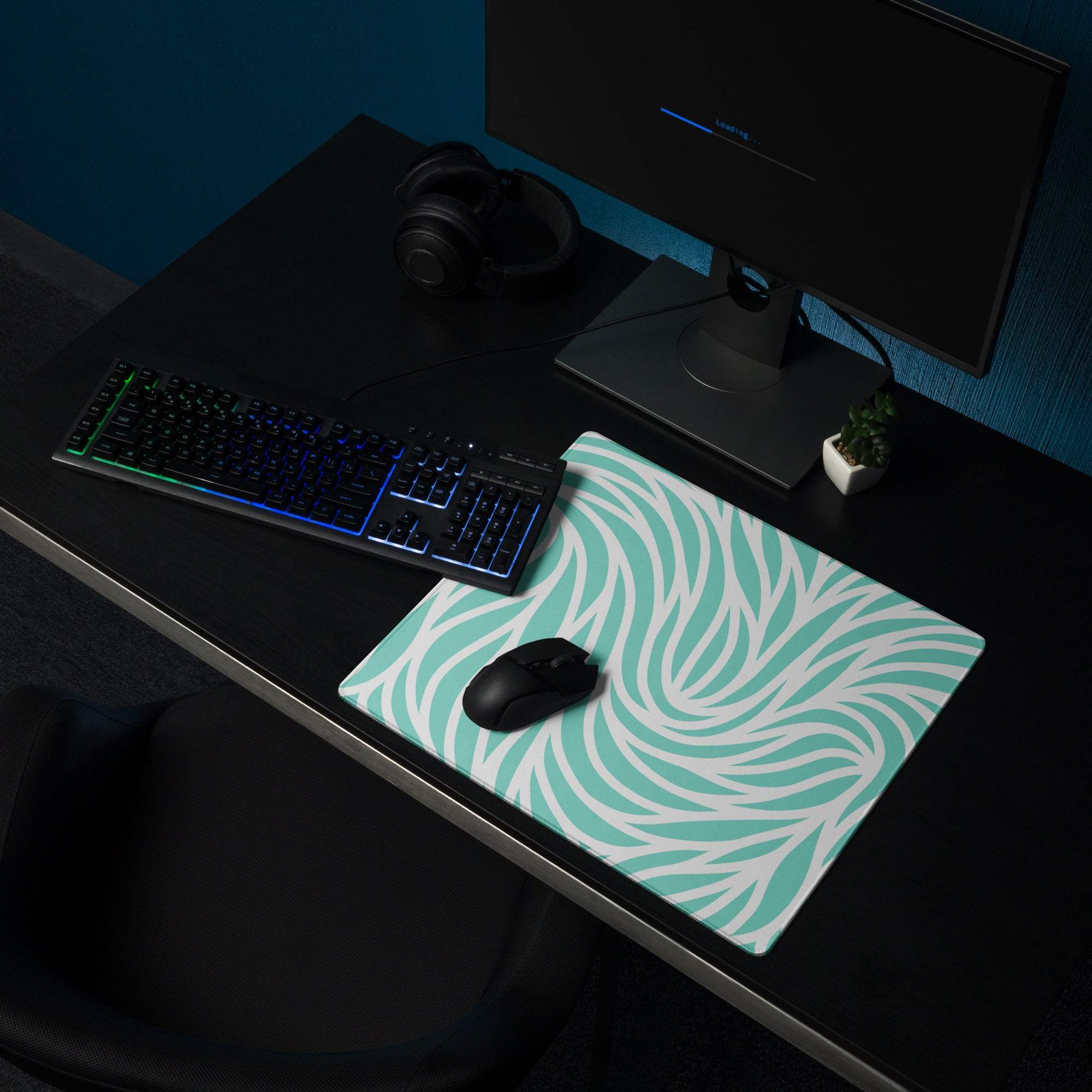 Mint green and white swirling leaf-patterned large gaming mousepad