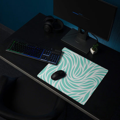 Mint green and white swirling leaf-patterned large gaming mousepad
