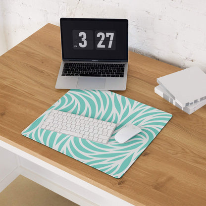 Teal white leaf-patterned large gaming mouse pad with non-slip stitched edges