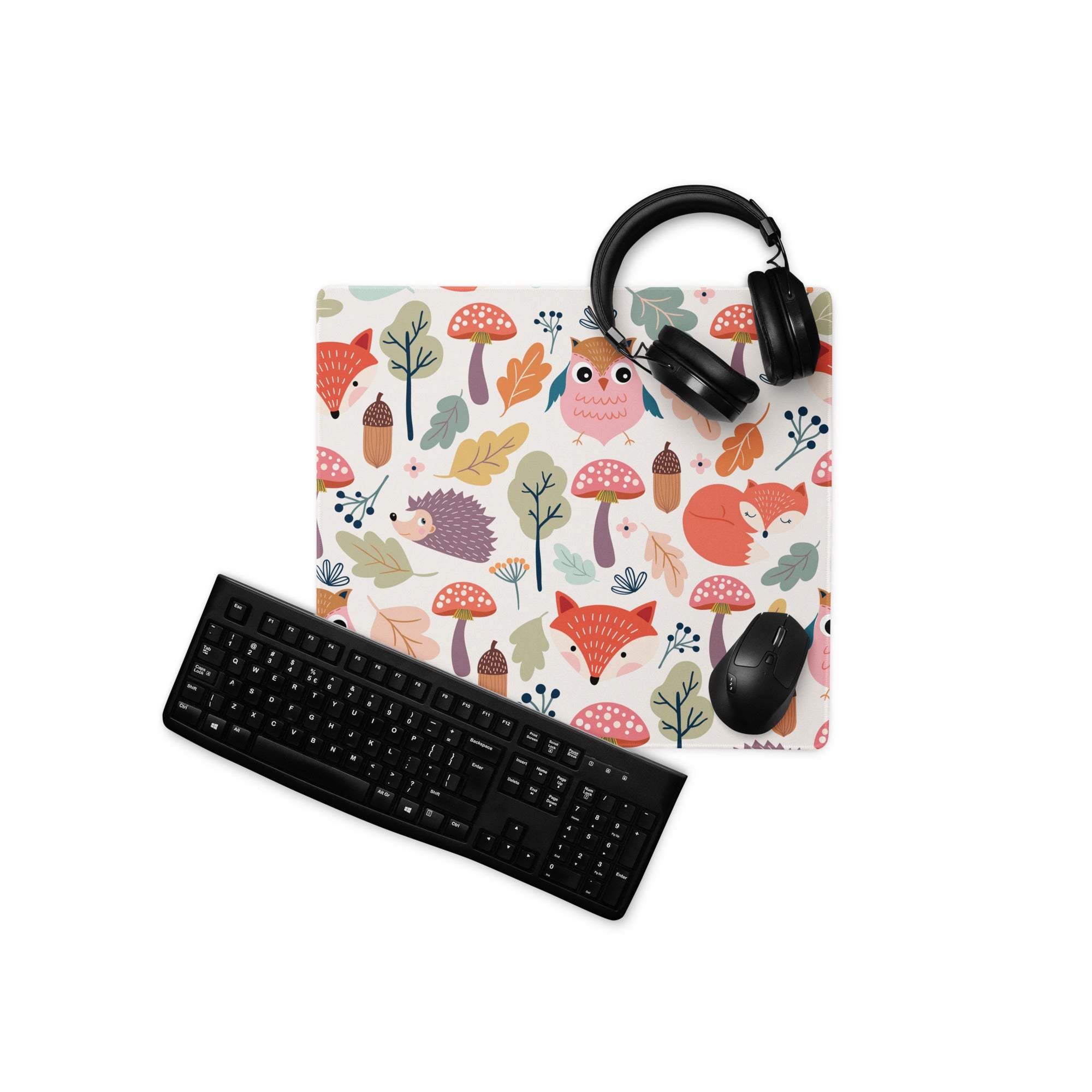 Colorful whimsical woodland animals gaming mouse pad with foxes owls hedgehogs mushrooms