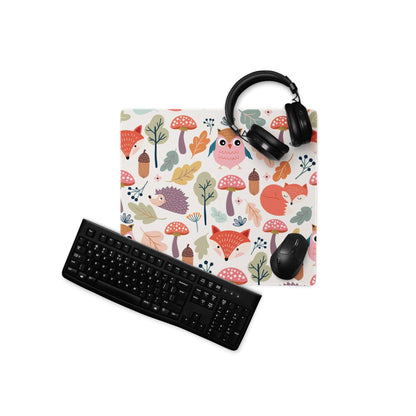 Colorful whimsical woodland animals gaming mouse pad with foxes owls hedgehogs mushrooms
