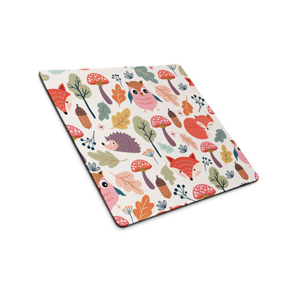 Colorful whimsical woodland gaming mouse pad with pink owls and foxes
