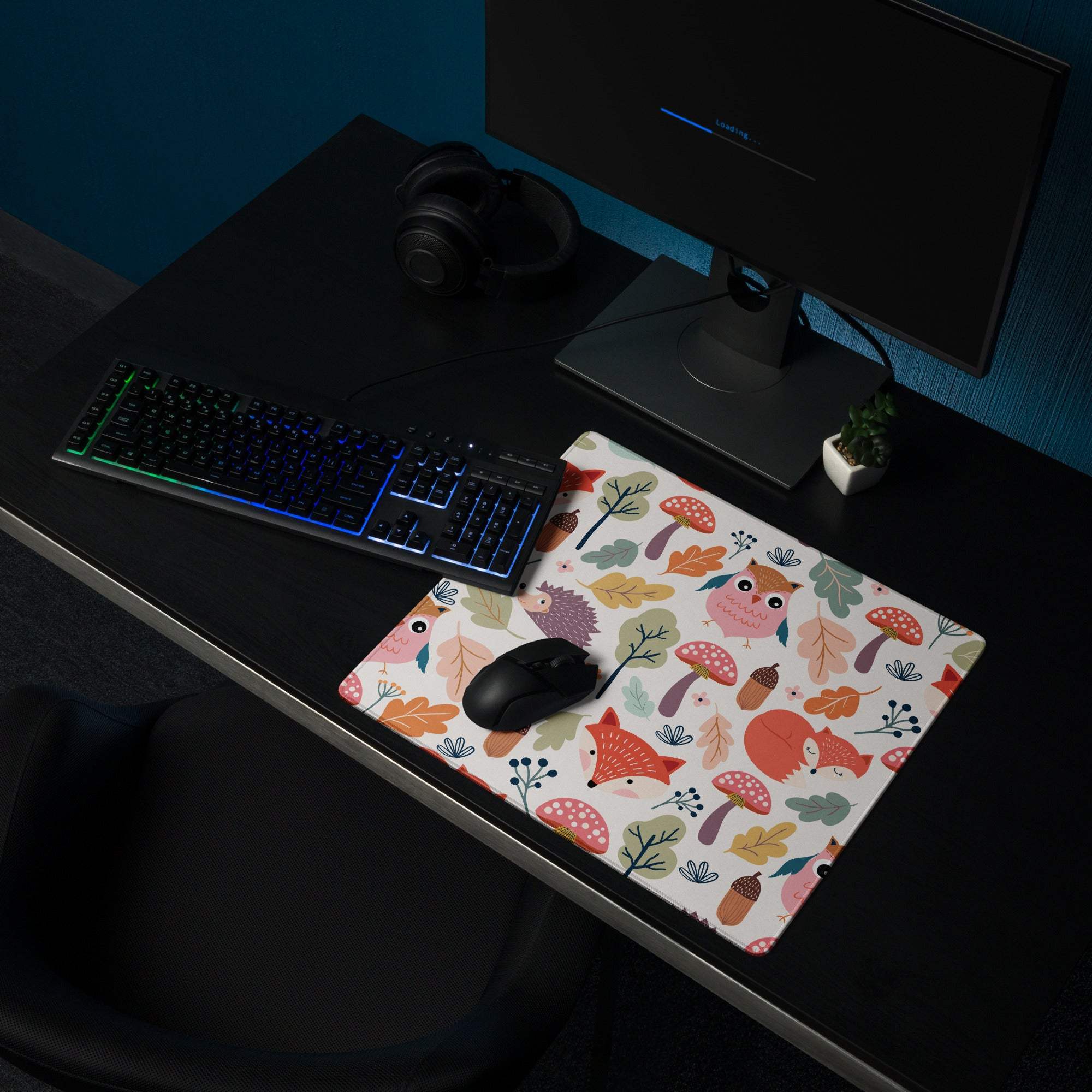 Colorful whimsical woodland animals gaming mouse pad with non-slip base