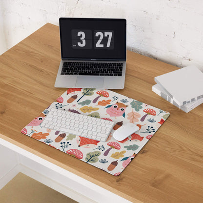 Colorful whimsical woodland owls gaming mouse pad with autumn design
