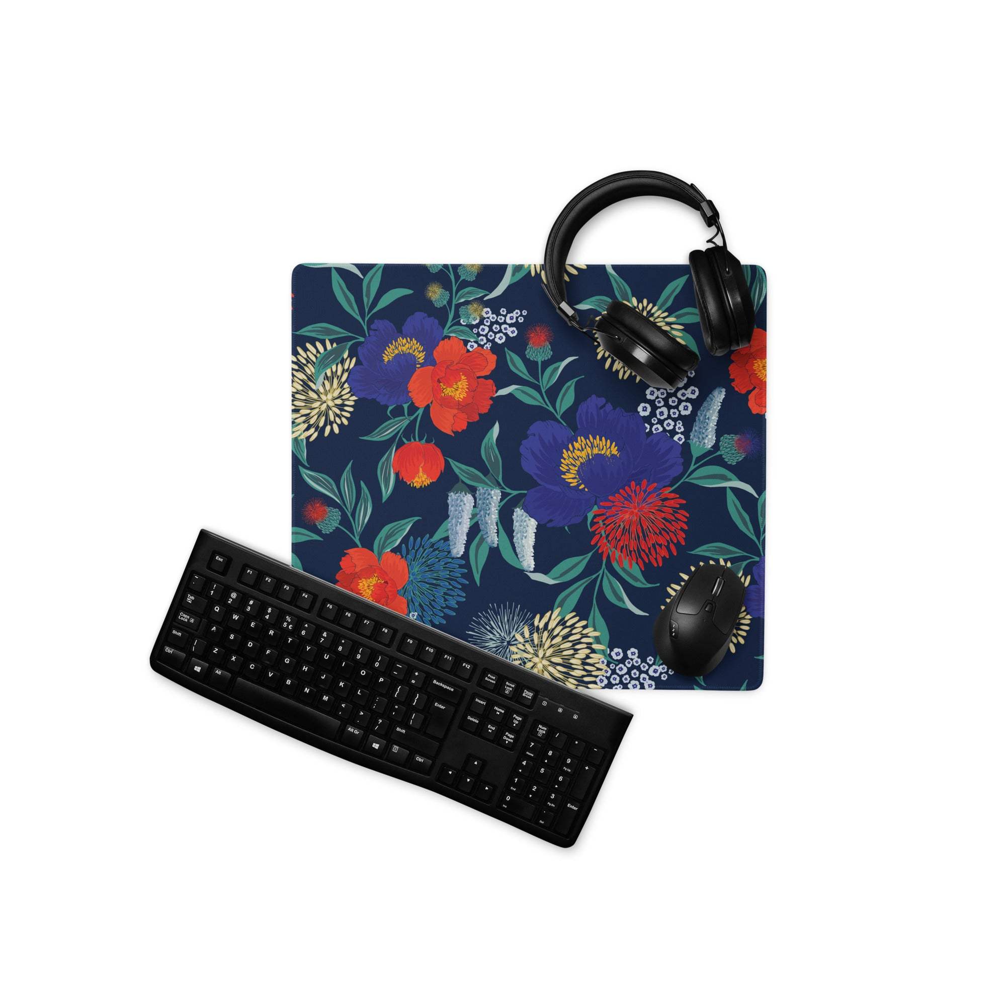 Floral navy blue gaming mouse pad with vibrant red purple flowers, stitched edges, non-slip base