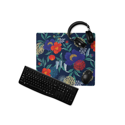 Floral navy blue gaming mouse pad with vibrant red purple flowers, stitched edges, non-slip base