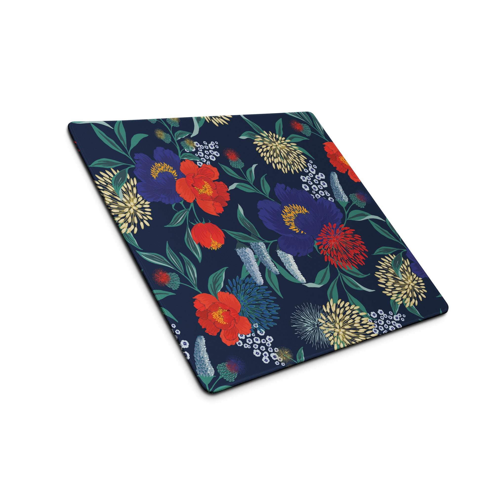 Floral navy blue gaming mouse pad with vibrant red purple blossoms