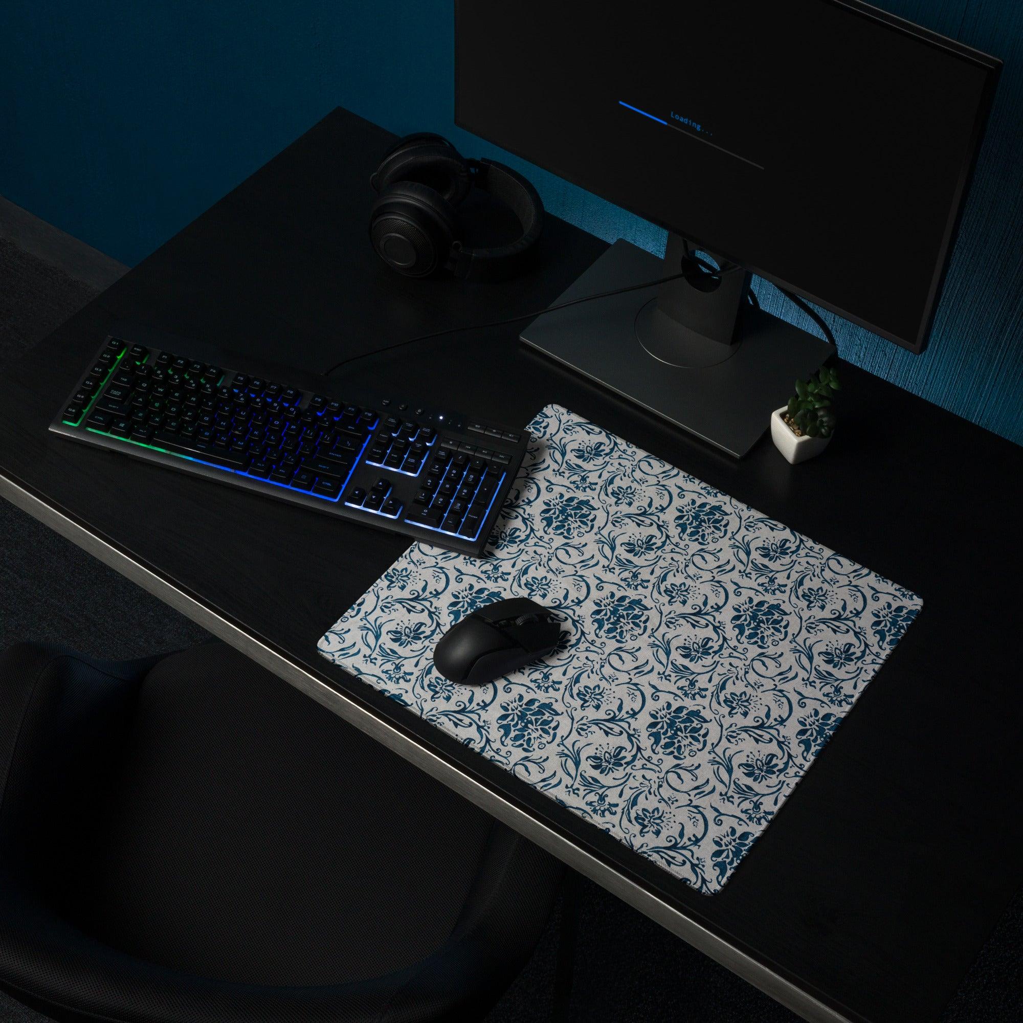 Elegant blue floral gaming mouse pad with non-slip base and stitched edges