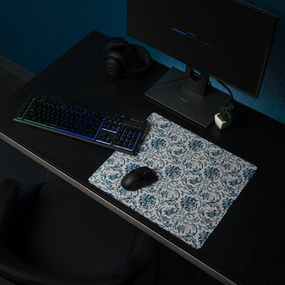 Elegant blue floral gaming mouse pad with non-slip base and stitched edges