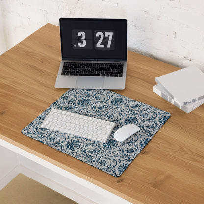 Blue and gray floral gaming mouse pad with non-slip base and stitched edges