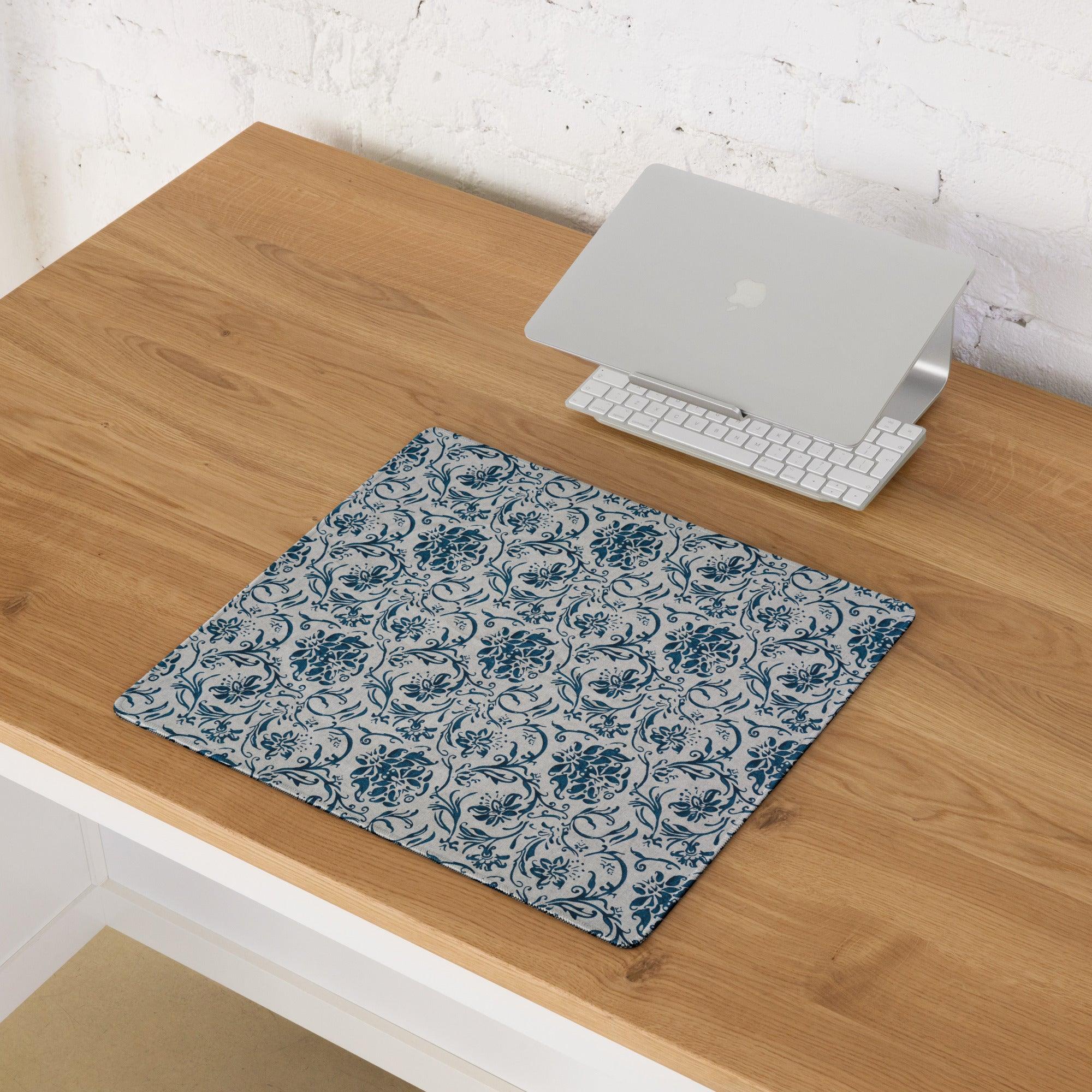Elegant blue floral damask gaming mouse pad on wooden desk