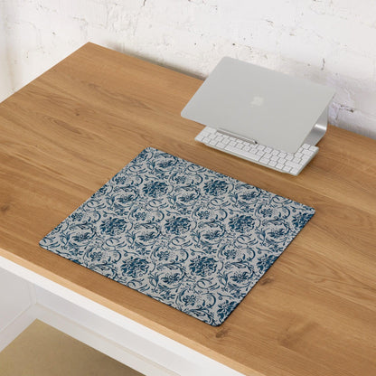 Elegant blue floral damask gaming mouse pad on wooden desk
