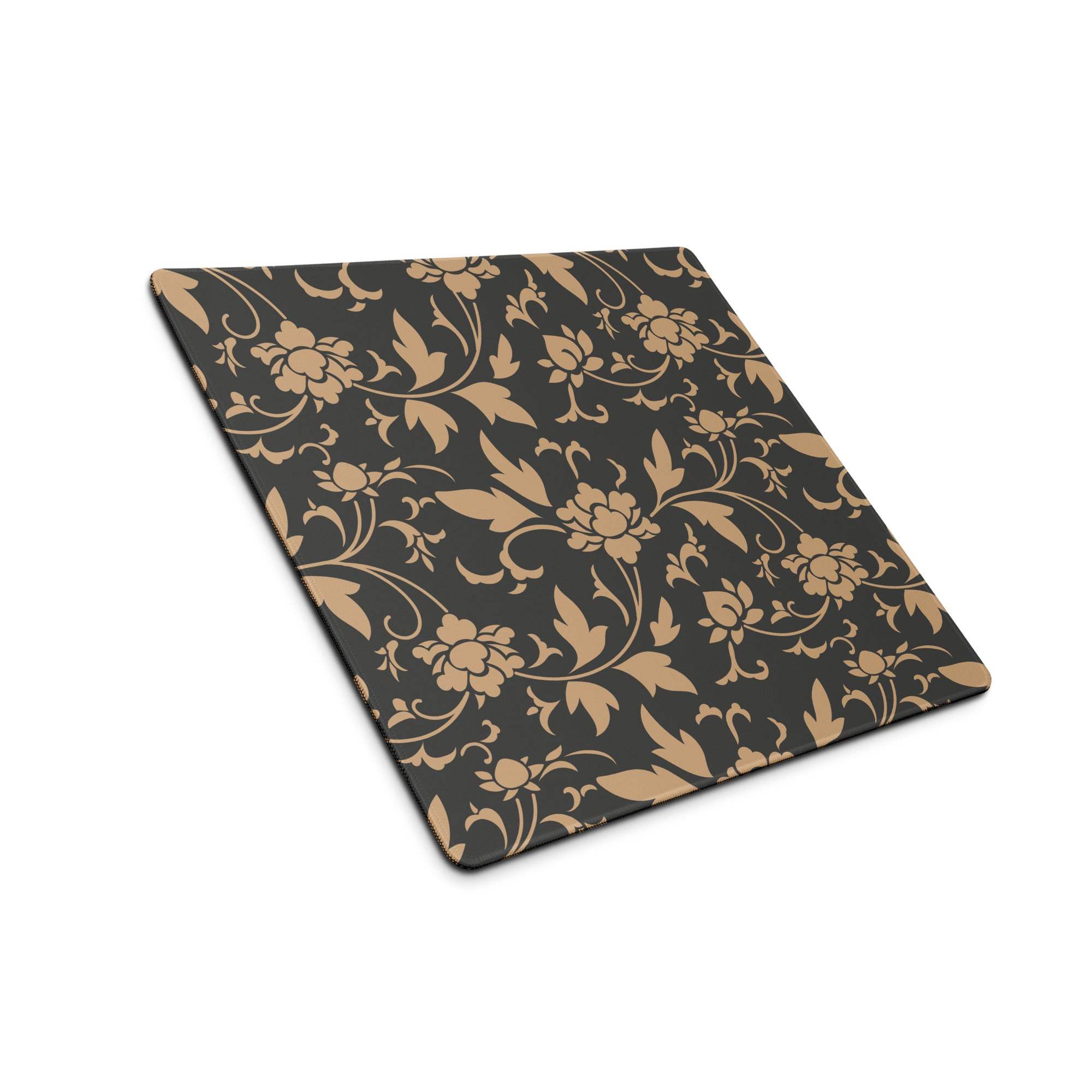 Elegant black gaming mouse pad with gold floral pattern and tan accents