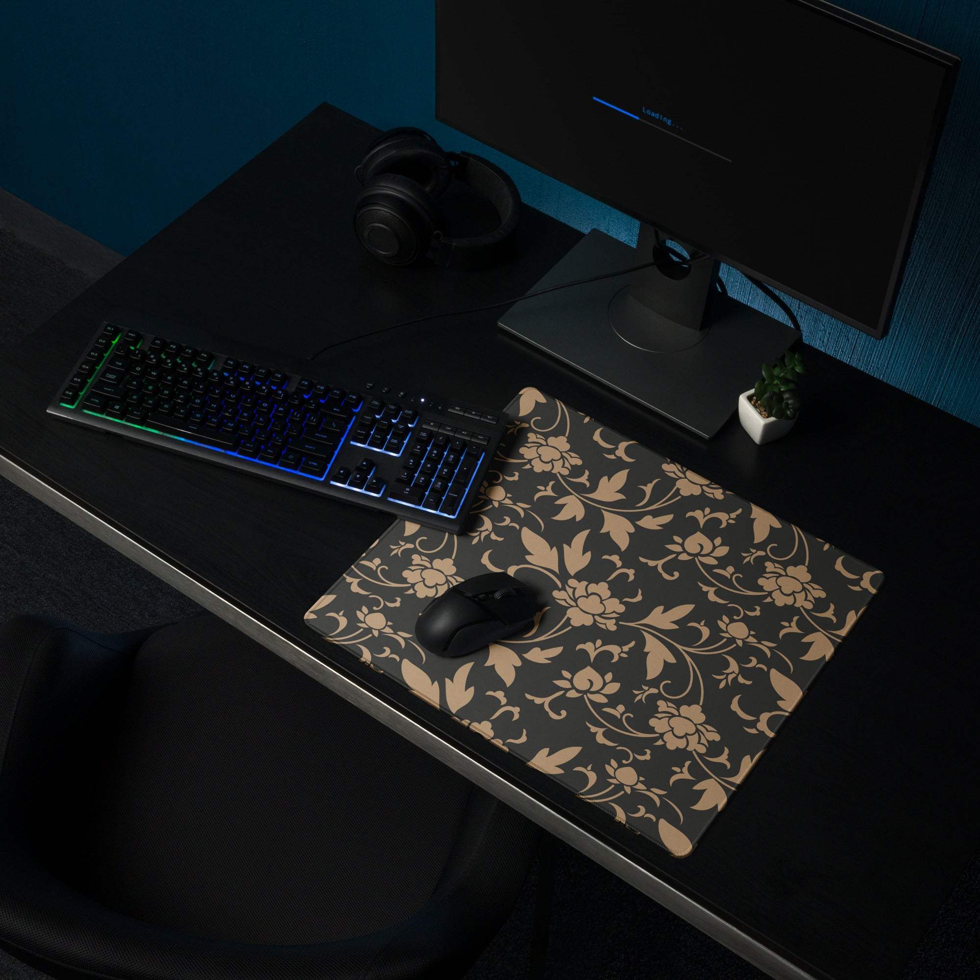 Elegant black floral gaming mouse pad with tan pattern, large non-slip stitched