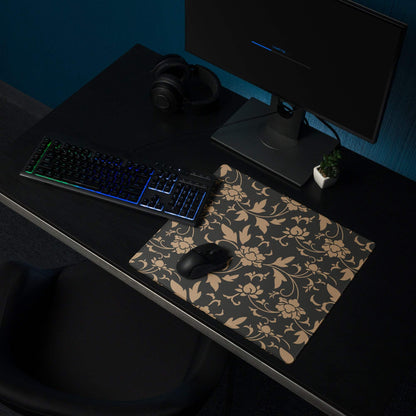 Elegant black floral gaming mouse pad with tan pattern, large non-slip stitched