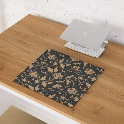 Elegant black floral gaming mouse pad with gold tan patterns, large non-slip stitched