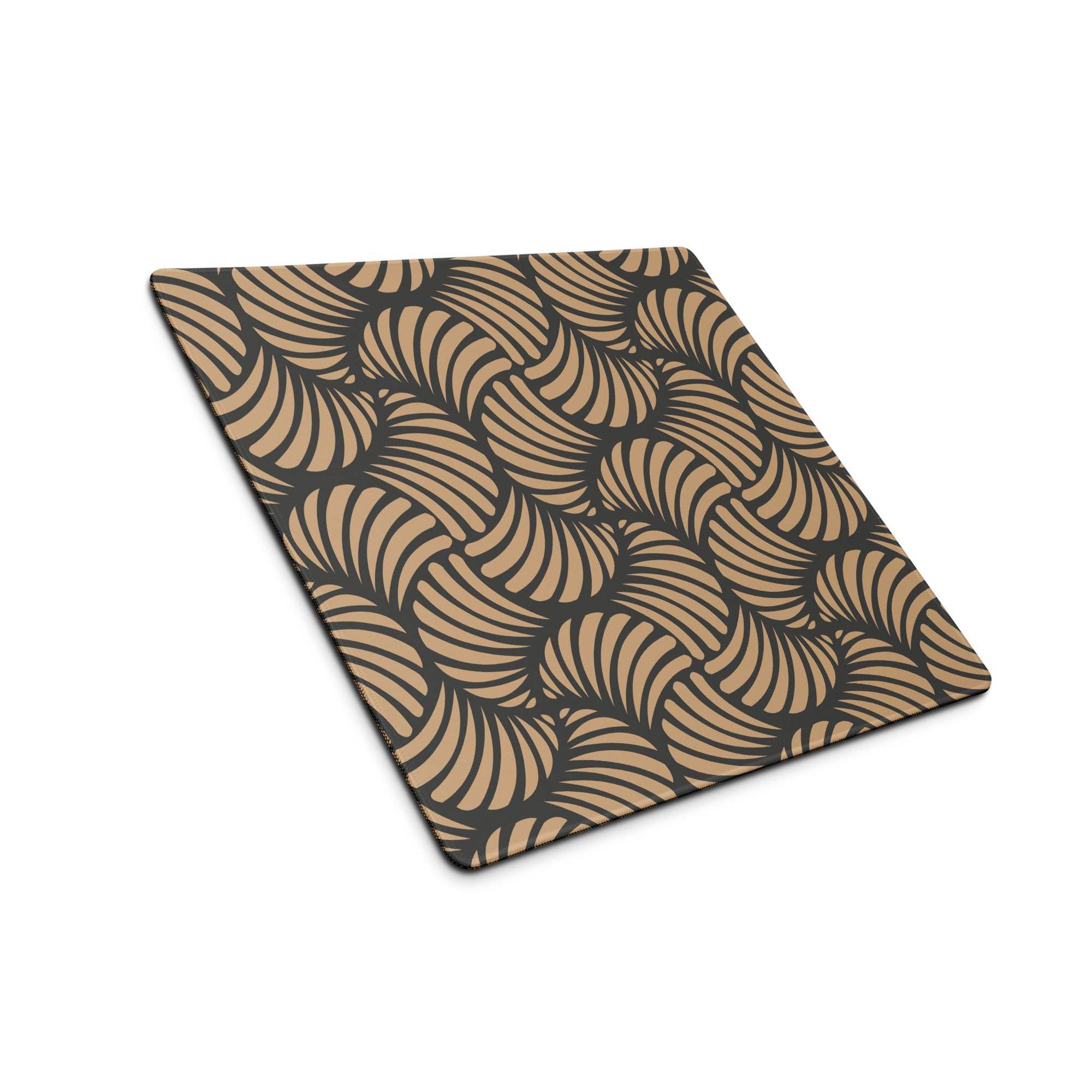 Large tan geometric gaming mouse pad with swirling shell pattern
