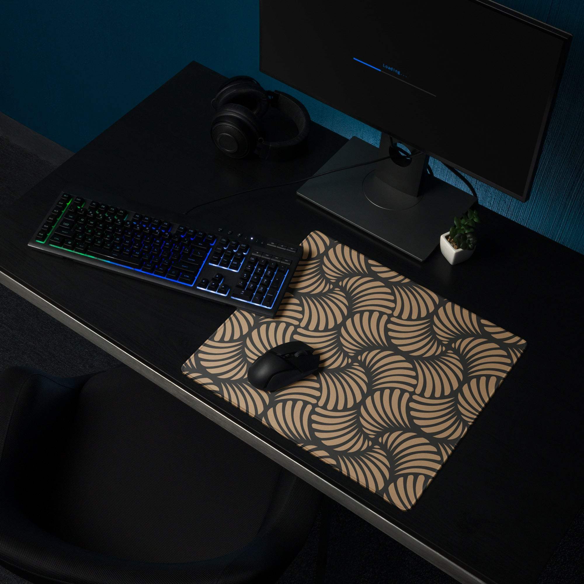 Large tan geometric wave gaming mouse pad with non-slip backing
