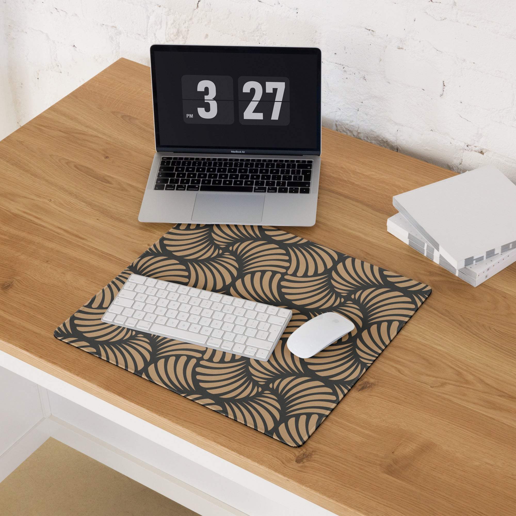 Large tan geometric gaming mouse pad with non-slip backing and stitched edges