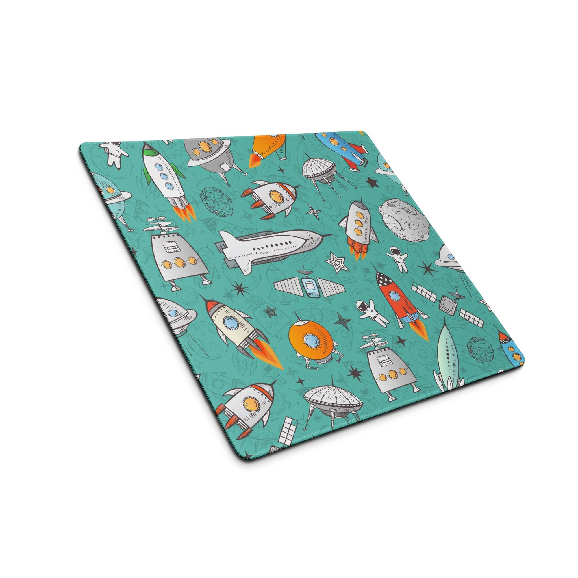 Teal space-themed gaming mouse pad with rockets, astronauts, planets, non-slip base