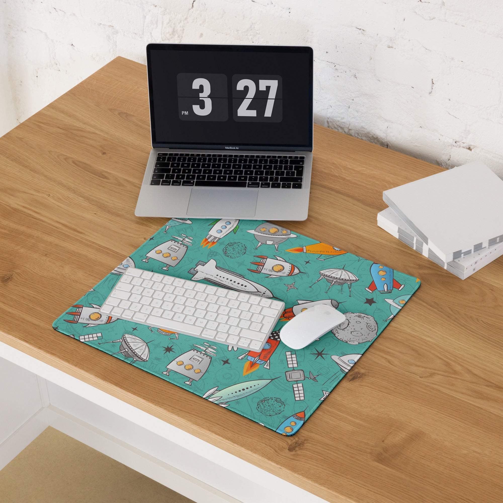 Teal space-themed gaming mousepad with rockets, satellites, large size, non-slip base