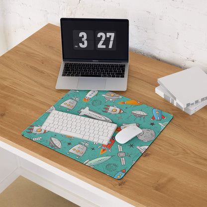 Teal space-themed gaming mousepad with rockets, satellites, large size, non-slip base
