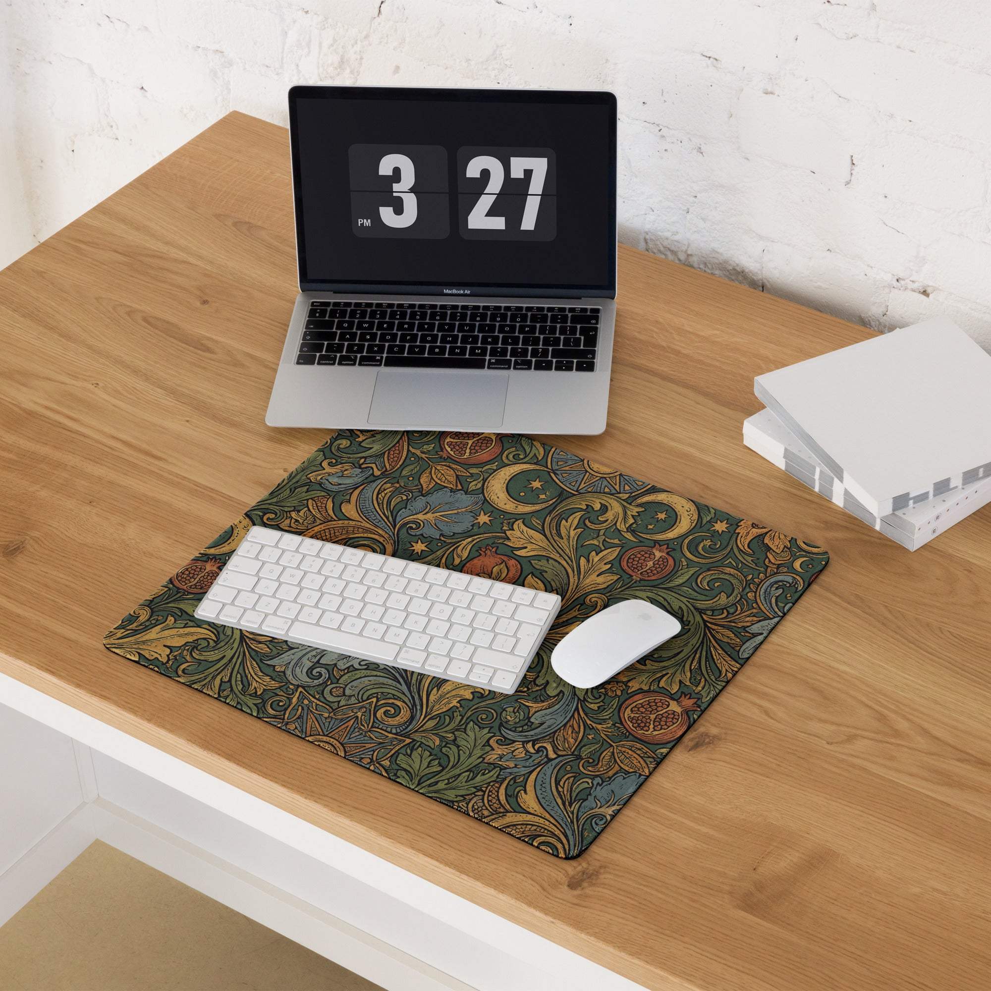 Ornate vintage floral gaming mouse pad with green gold blue pattern