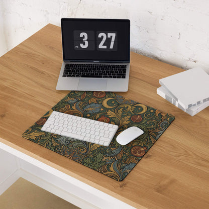 Ornate vintage floral gaming mouse pad with green gold blue pattern