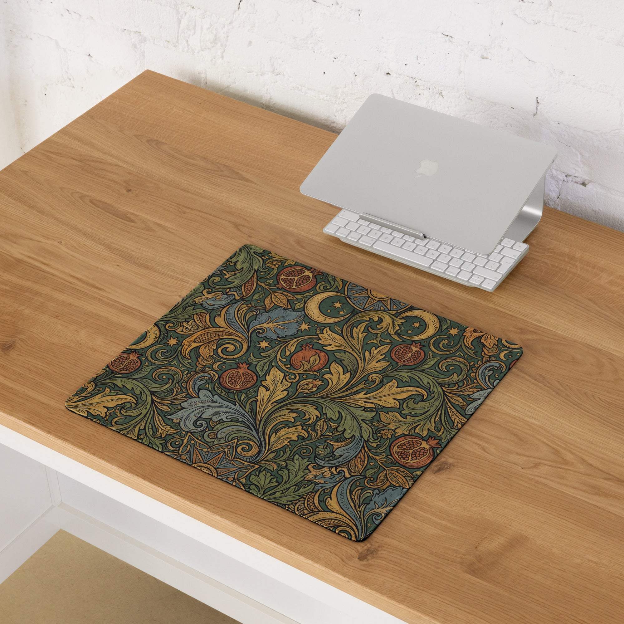 Ornate vintage floral gaming mouse pad with non-slip base and stitched edges