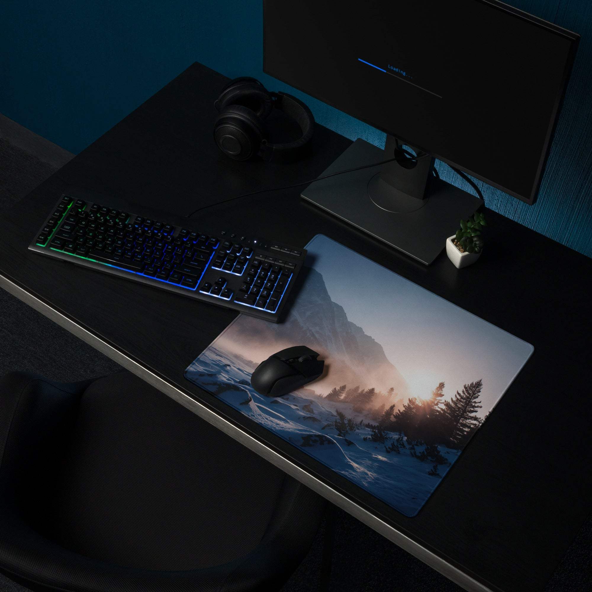 Premium Mountain Sunrise blue serene glacier gaming mouse pad with snow mountains at sunrise