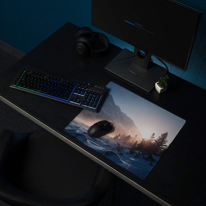 Premium Mountain Sunrise blue serene glacier gaming mouse pad with snow mountains at sunrise