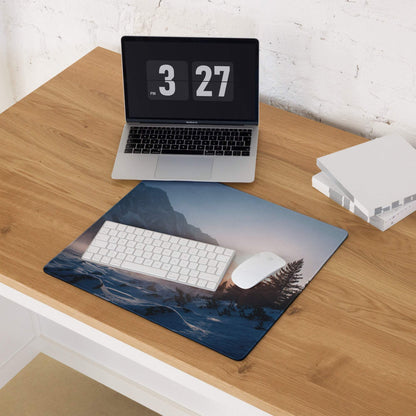 Premium blue mountain sunrise gaming mousepad with keyboard and mouse