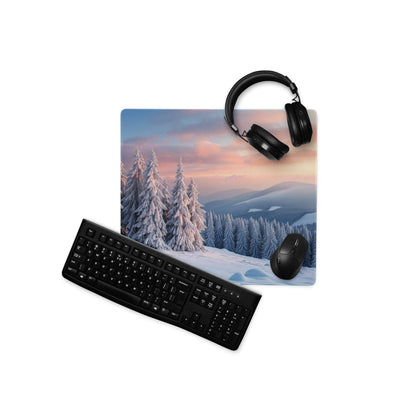 Winter Forest Snowy Landscape Gaming Mouse Pad with pink-blue sunset