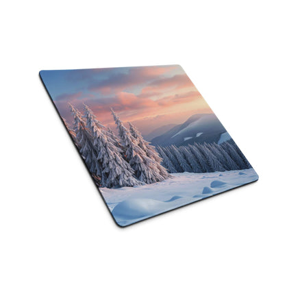 Winter forest snowy landscape gaming mouse pad with snow-covered pine trees and pink blue twilight sky