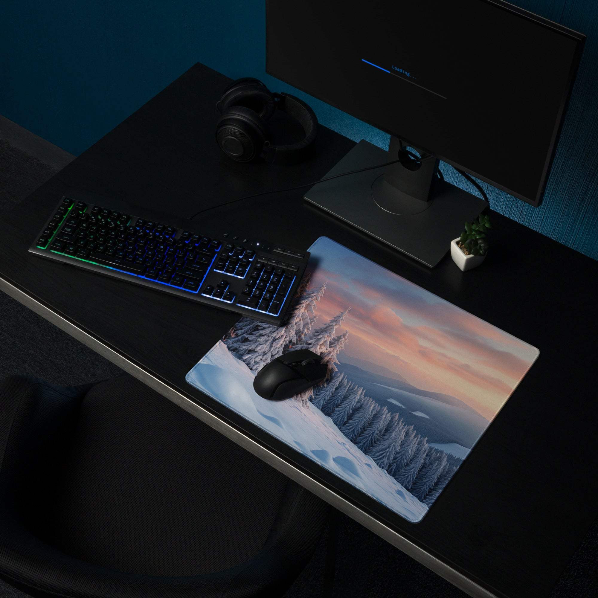 Winter Forest Snowy Landscape Gaming Mouse Pad with Sunset Sky