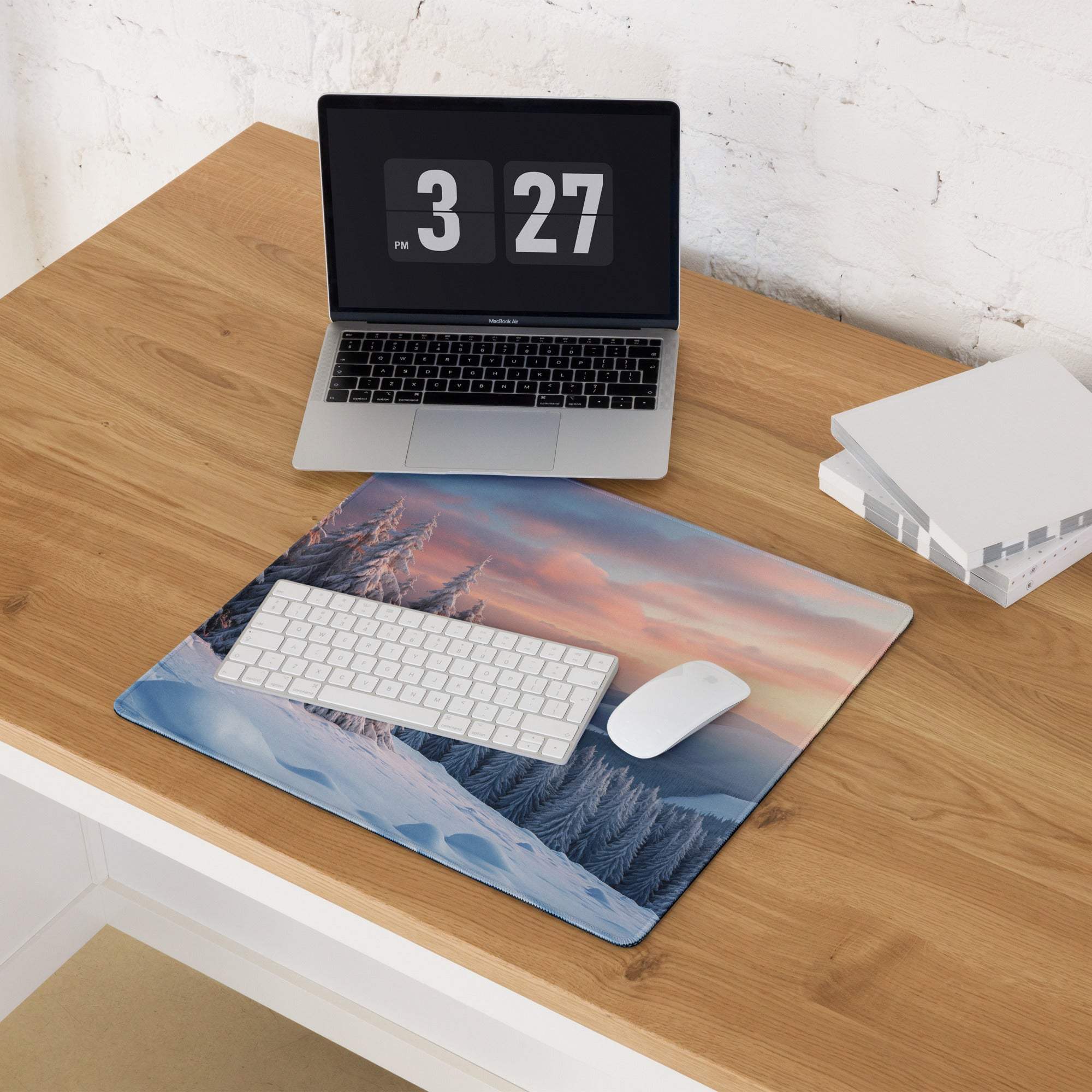 Winter Forest Snowy Landscape Gaming Mouse Pad with pink-blue sunset sky