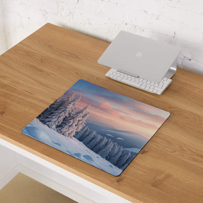 Winter Forest Snowy Landscape Gaming Mouse Pad with pink sunset sky
