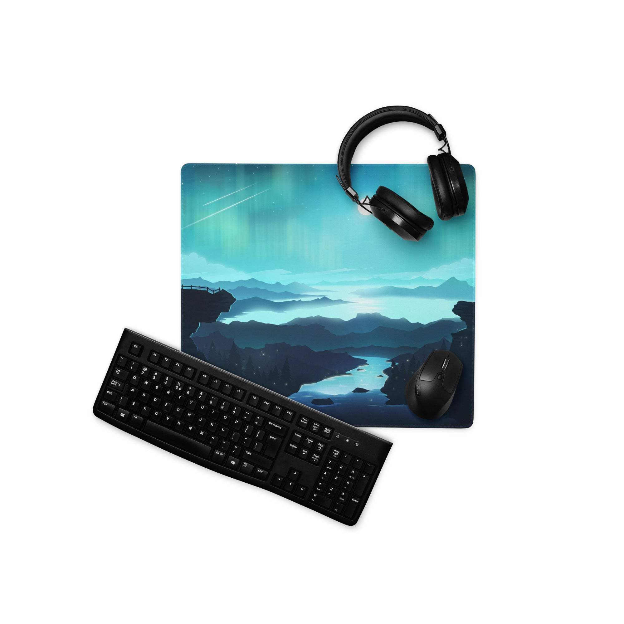 Blue teal aurora landscape gaming mouse pad with mountains, large size, stitched edges