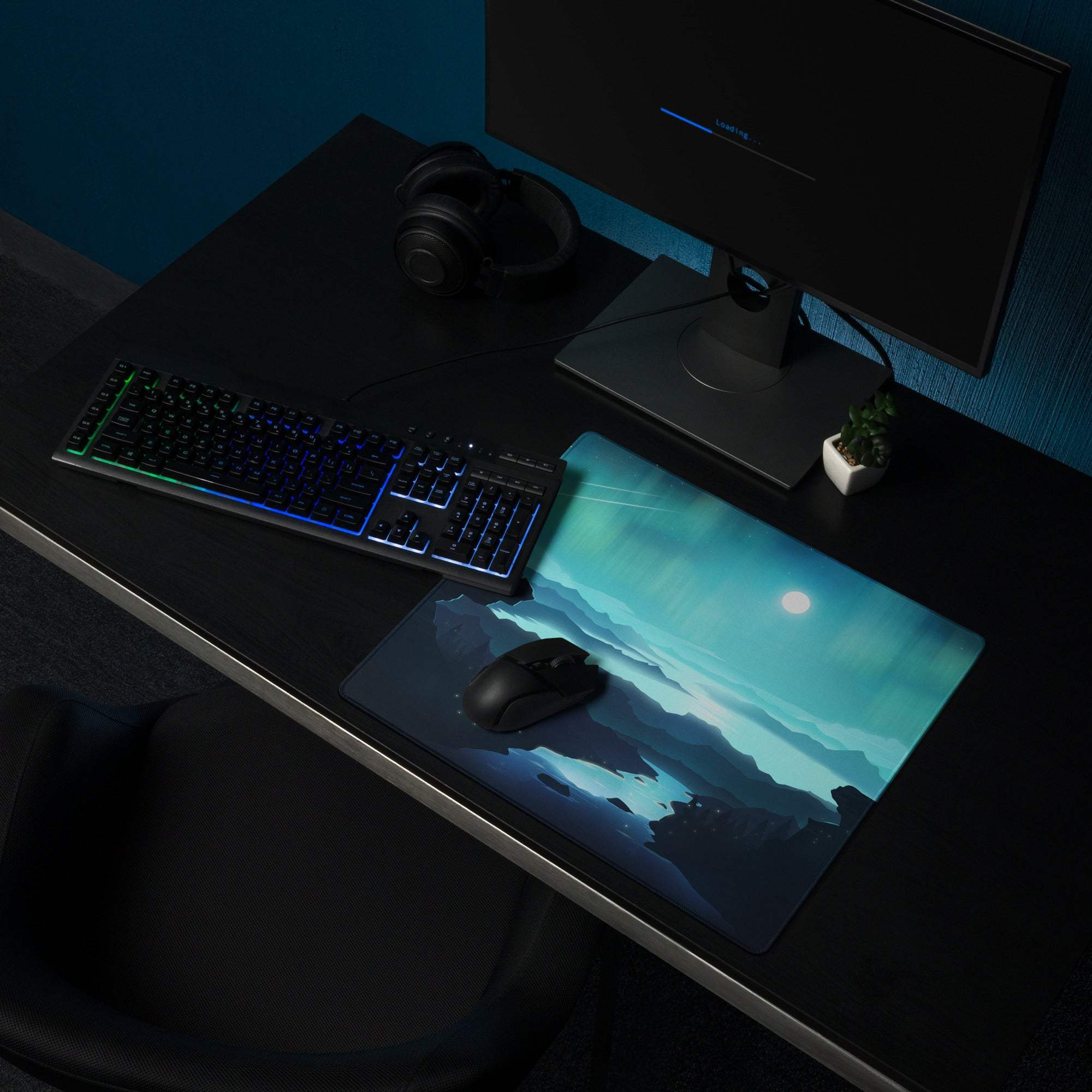 Epic Aurora teal landscape gaming mousepad with mountains and moon