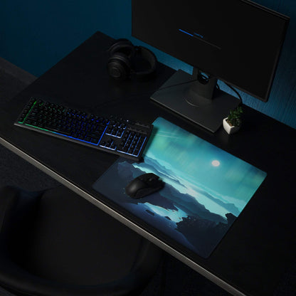 Epic Aurora teal landscape gaming mousepad with mountains and moon