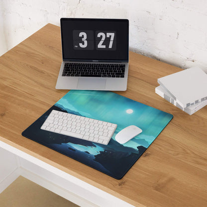 Epic Aurora blue teal mountain landscape gaming mousepad with keyboard and mouse